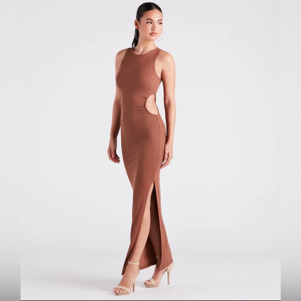 Brown Stretch Dress M/L - See You Monday Los Angeles, Calf Length, Cutout Sides